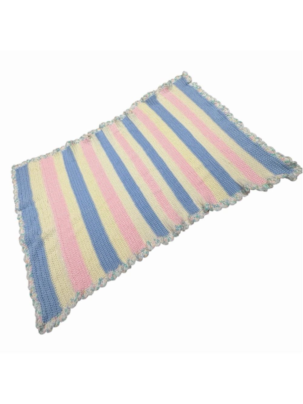 VTG Handmade Crochet Baby‎ Blanket Pastel Pink Blue Cream Stripe Popcorn Trim